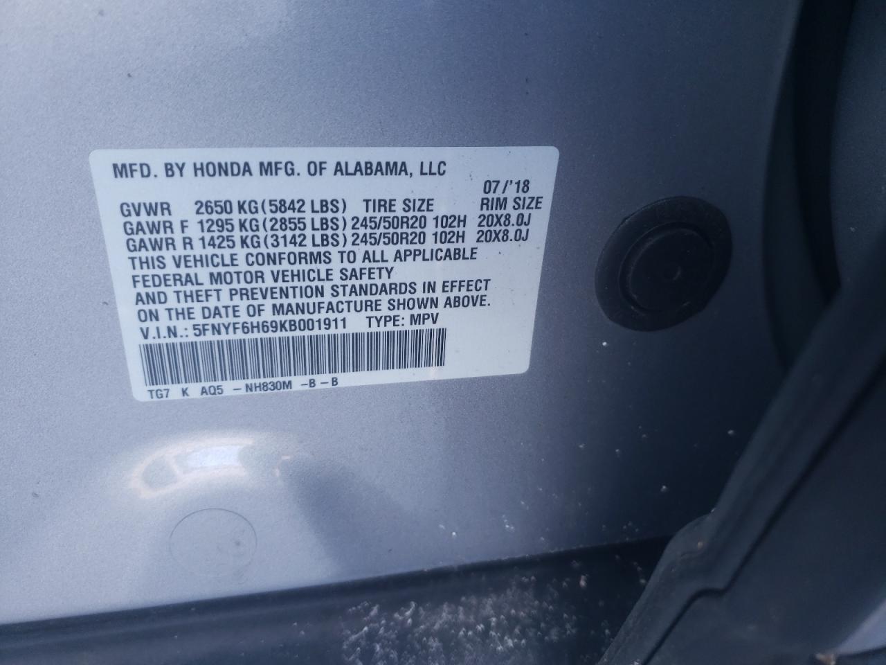 Photo 10 from auction – 2019 HONDA PILOT TOUR with VIN 5FNYF6H69KB001911