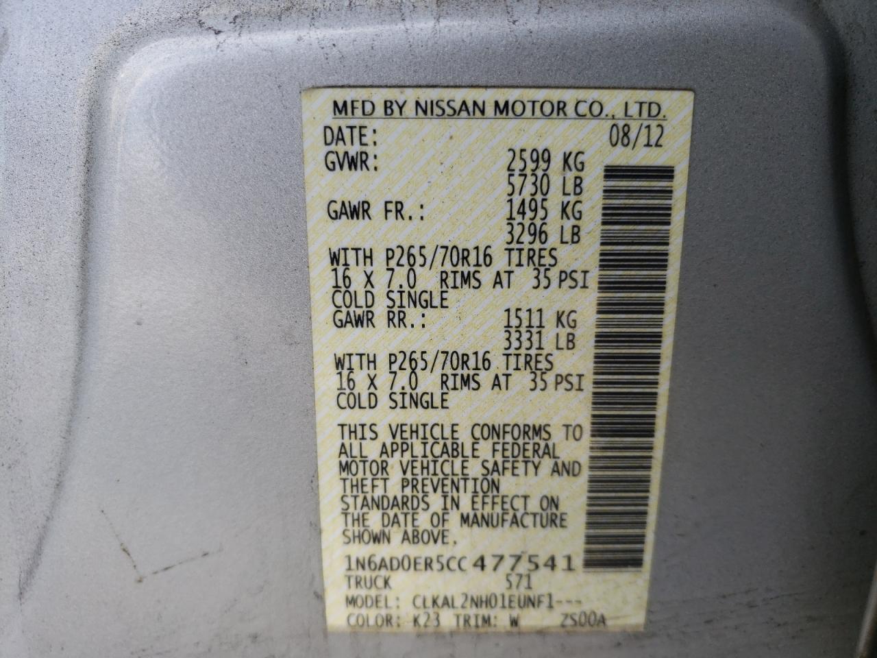 Photo 10 from auction – 2012 NISSAN FRONTIER S with VIN 1N6AD0ER5CC477541