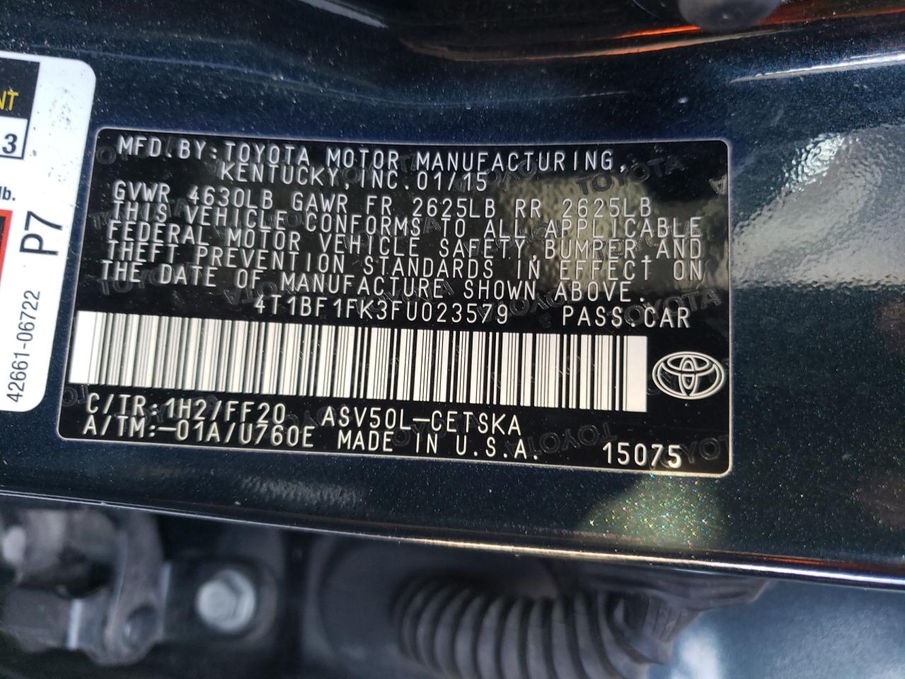Photo 10 from auction – 2015 TOYOTA CAMRY LE with VIN 4T1BF1FK3FU023579