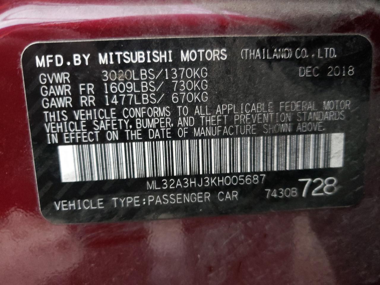 Photo 10 from auction – 2019 MITSUBISHI MIRAGE ES with VIN ML32A3HJ3KH005687