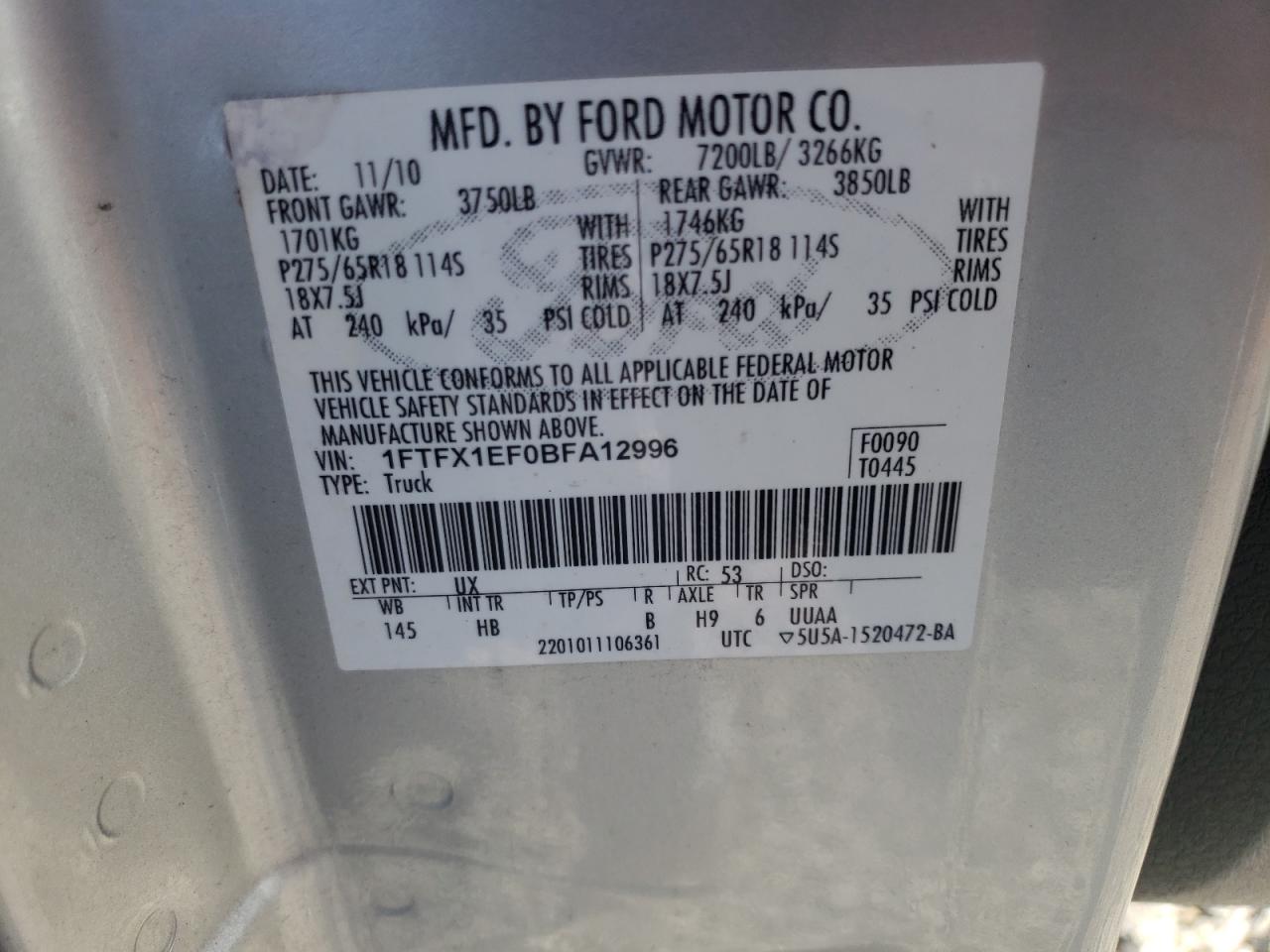Photo 10 from auction – 2011 FORD F150 SUPER with VIN 1FTFX1EF0BFA12996