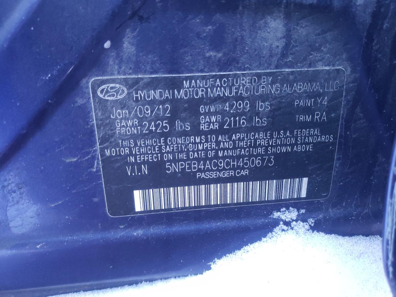 Photo 10 from auction – 2012 HYUNDAI SONATA GLS with VIN 5NPEB4AC9CH450673