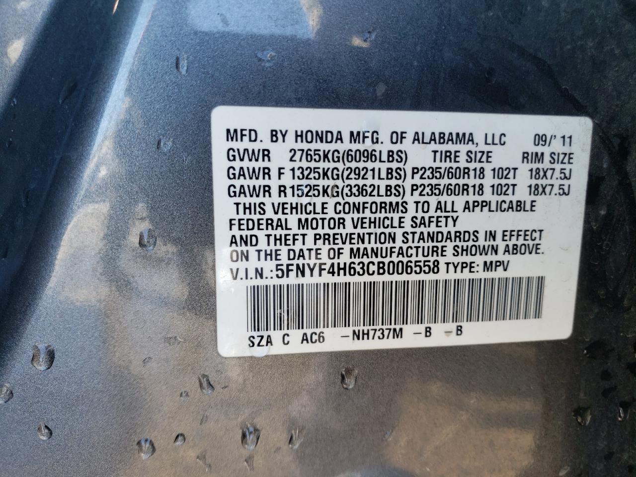 Photo 10 from auction – 2012 HONDA PILOT EXL with VIN 5FNYF4H63CB006558