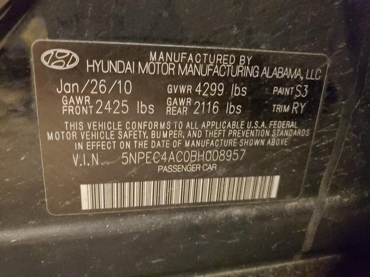 Photo 10 from auction – 2011 HYUNDAI SONATA SE with VIN 5NPEC4AC0BH008957