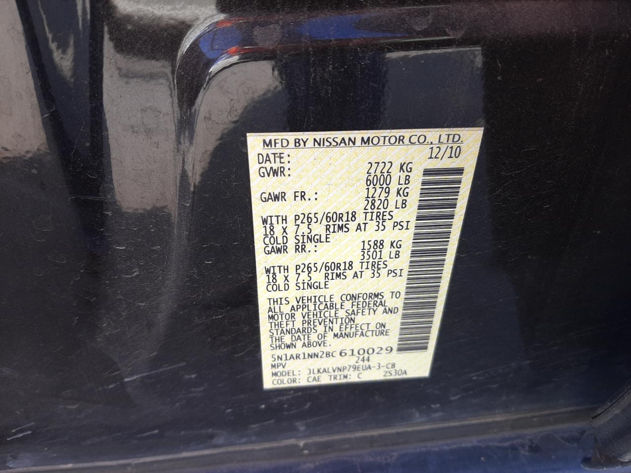 Photo 10 from auction – 2011 NISSAN PATHFINDER with VIN 5N1AR1NN2BC610029