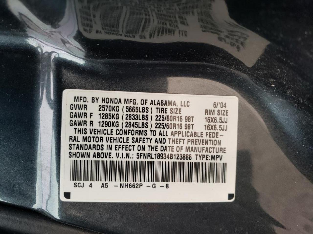 Photo 10 from auction – 2004 HONDA ODYSSEY EX with VIN 5FNRL18934B123886