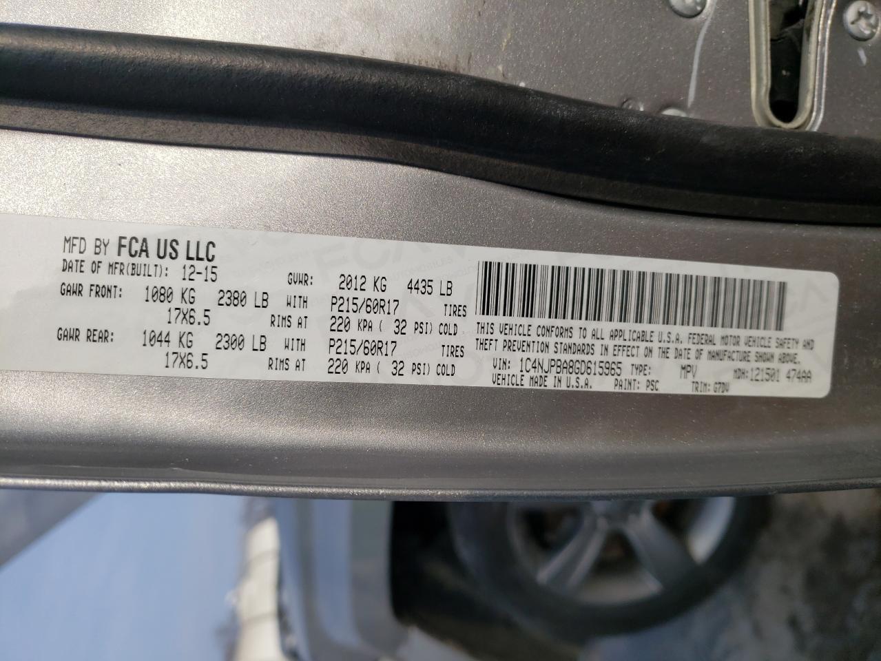 Photo 10 from auction – 2016 JEEP PATRIOT SP with VIN 1C4NJPBA8GD615965