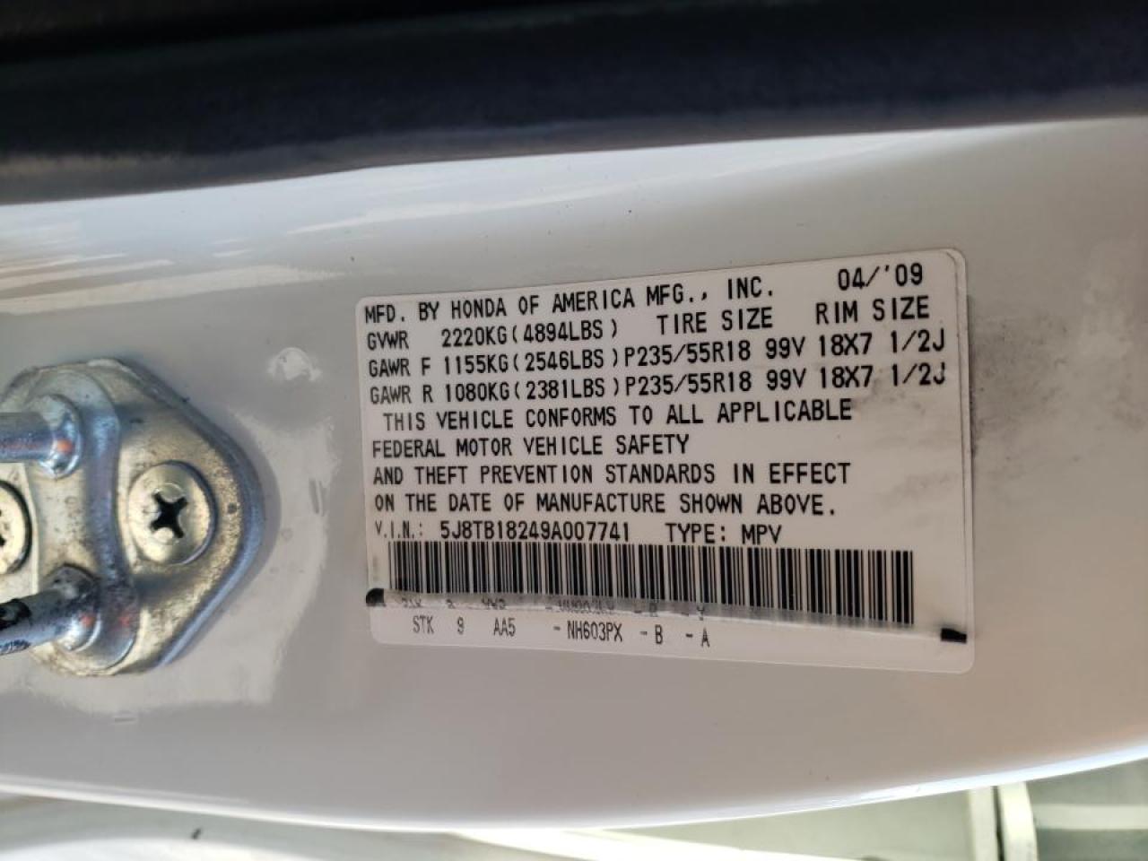 Photo 10 from auction – 2009 ACURA RDX with VIN 5J8TB18249A007741