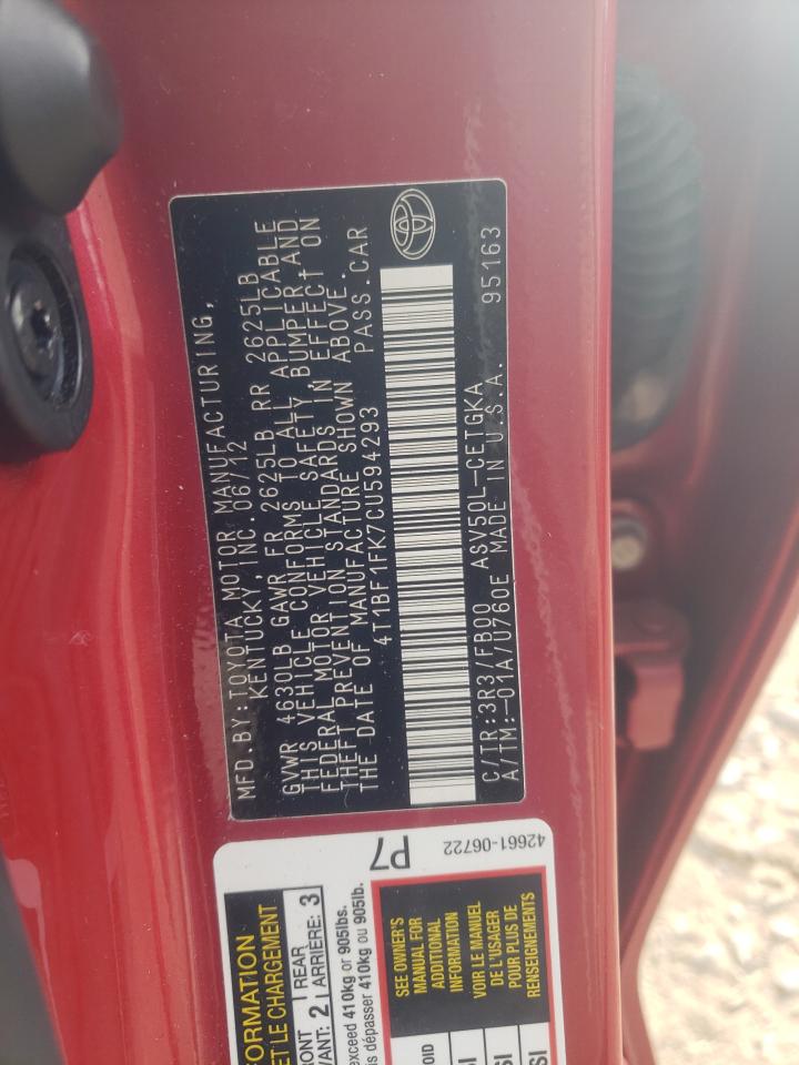 Photo 10 from auction – 2012 TOYOTA CAMRY BASE with VIN 4T1BF1FK7CU594293
