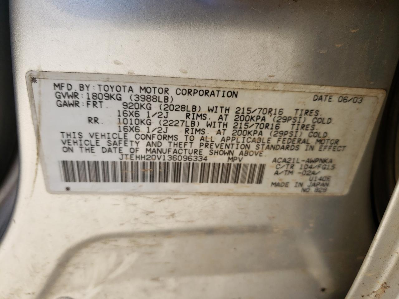 Zdjęcie 10 z aukcji – 2003 TOYOTA RAV4 z VIN JTEHH20V136096334