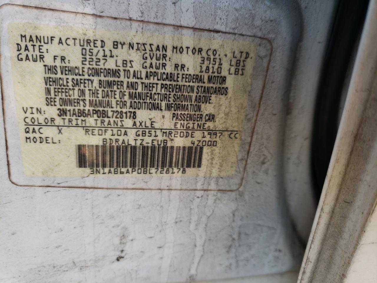 Photo 10 from auction – 2011 NISSAN SENTRA with VIN 3N1AB6AP0BL728178