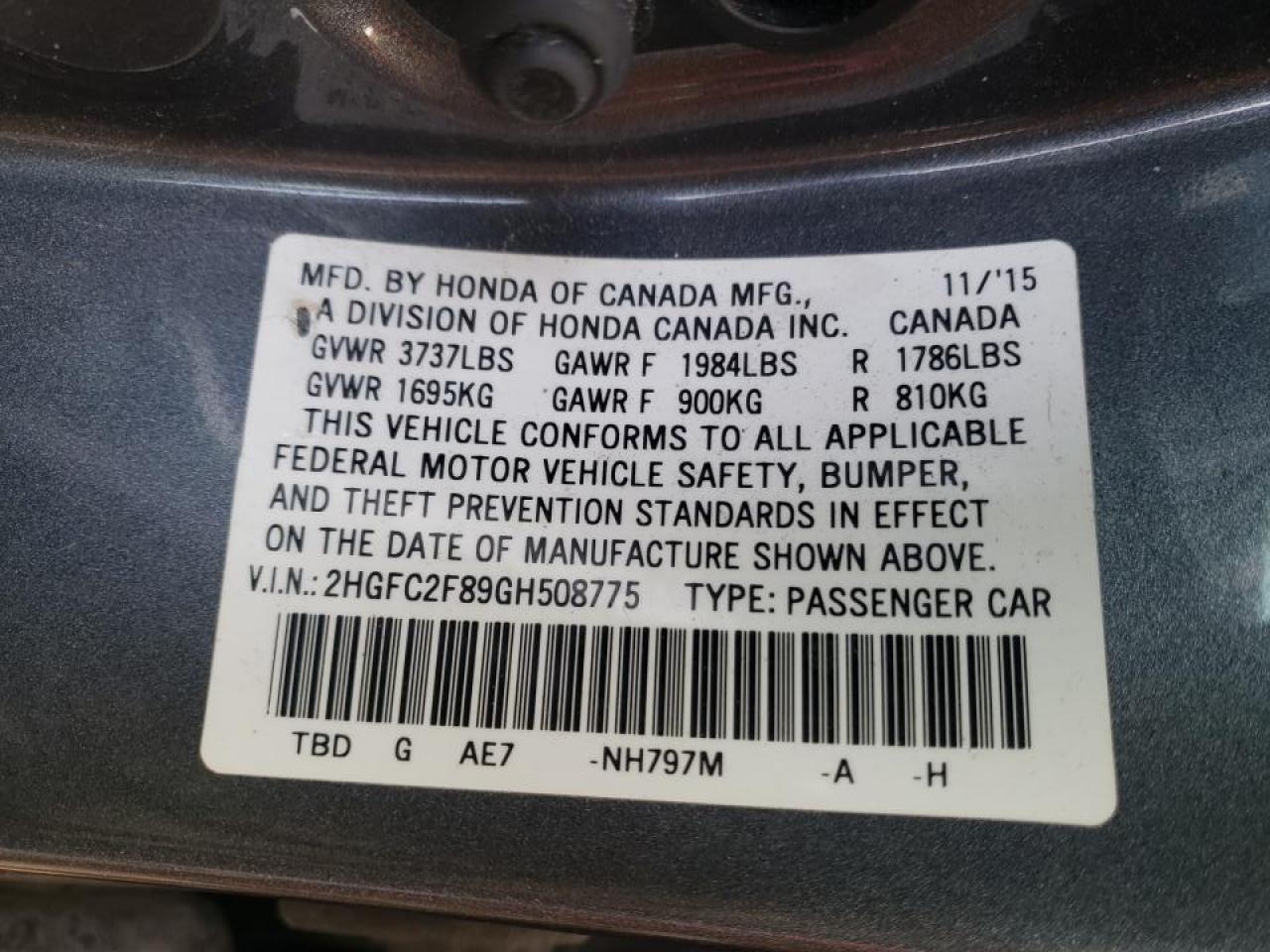 Фото 10 с аукциона – 2016 HONDA CIVIC EX с VIN 2HGFC2F89GH508775