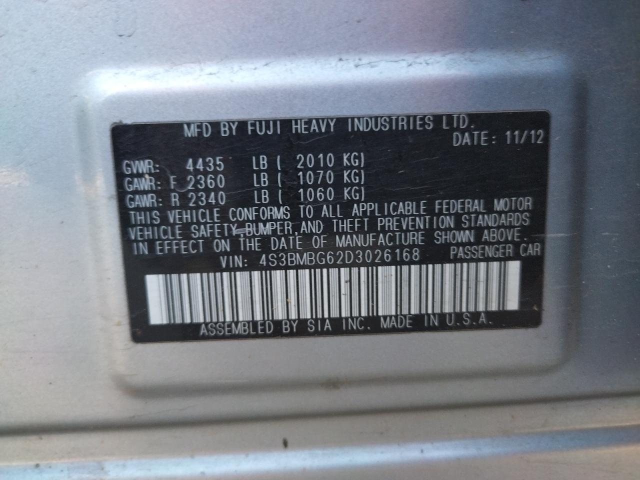 Photo 10 from auction – 2013 SUBARU LEGACY 2.5 with VIN 4S3BMBG62D3026168