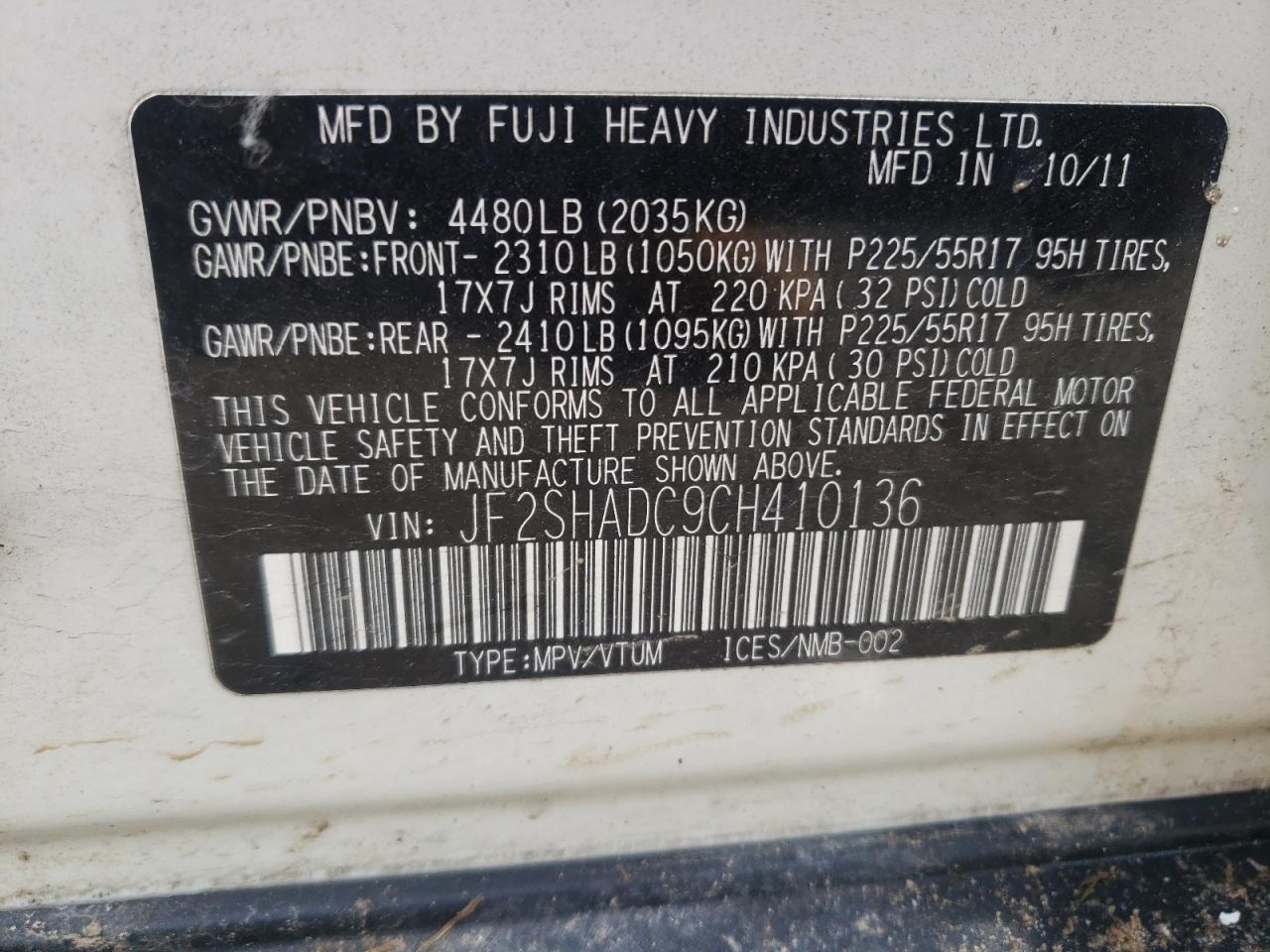 Photo 10 from auction – 2012 SUBARU FORESTER 2 with VIN JF2SHADC9CH410136