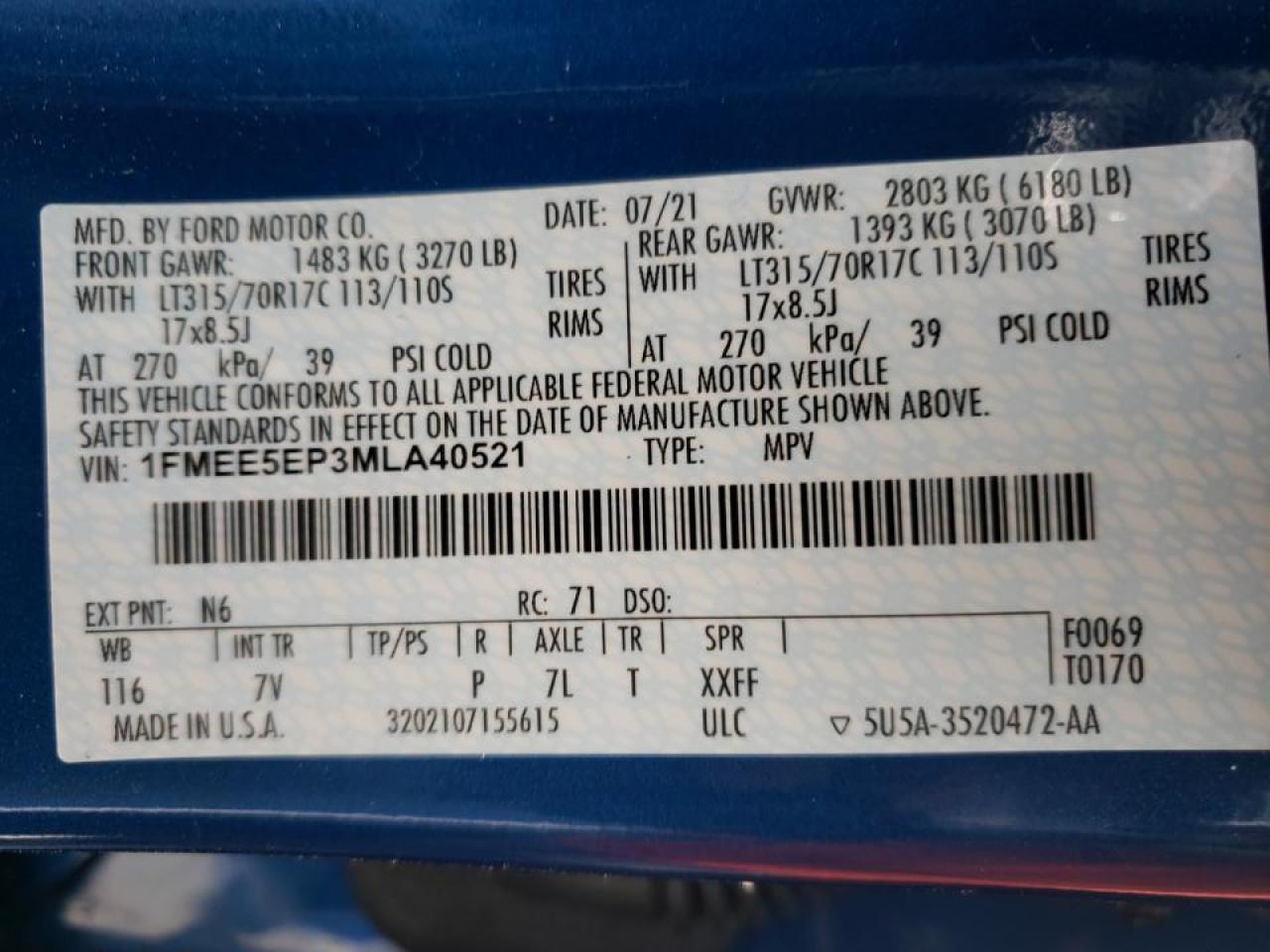 Photo 10 from auction – 2021 FORD BRONCO FIR with VIN 1FMEE5EP3MLA40521