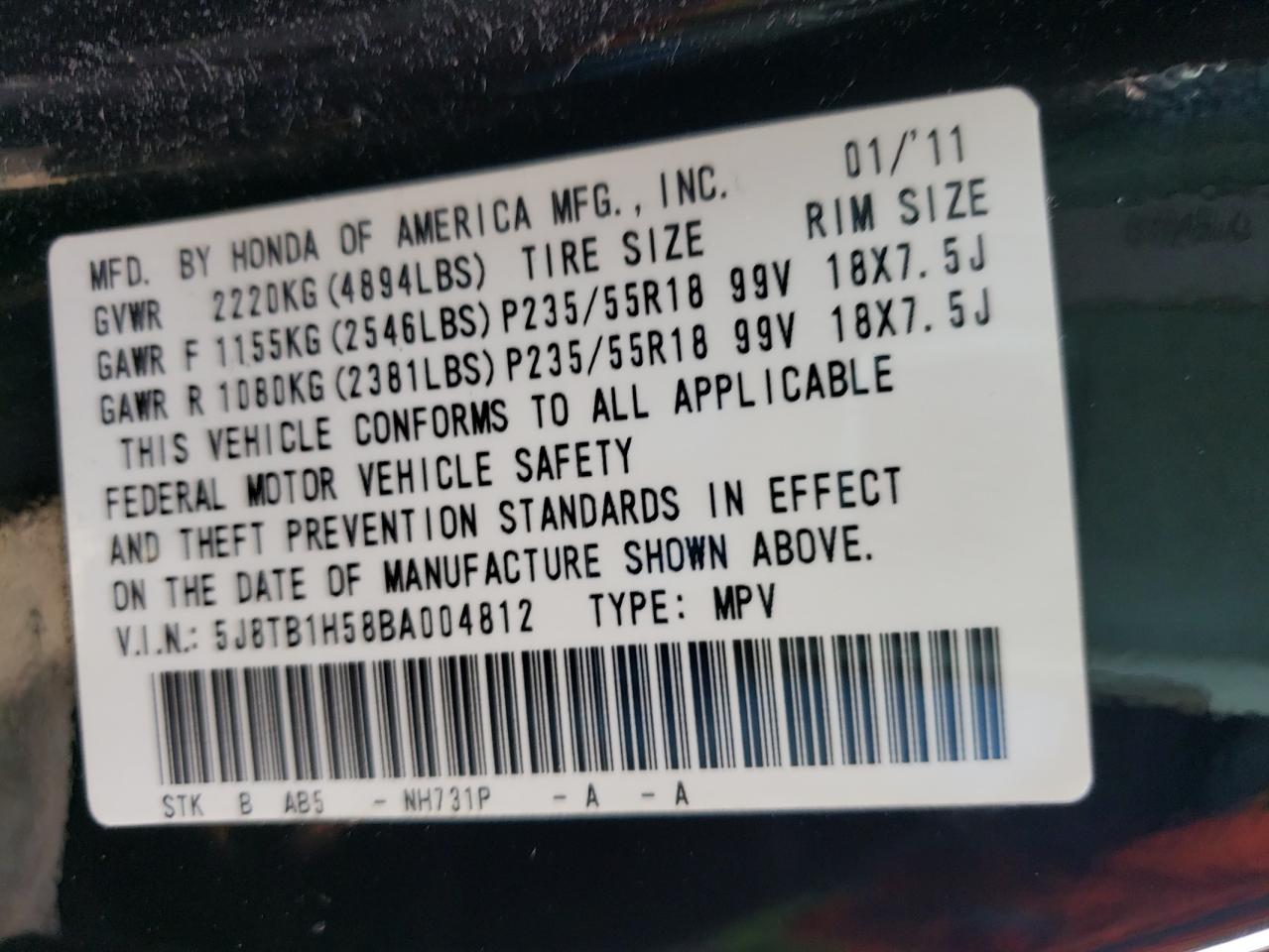 Photo 10 from auction – 2011 ACURA RDX TECHNO with VIN 5J8TB1H58BA004812