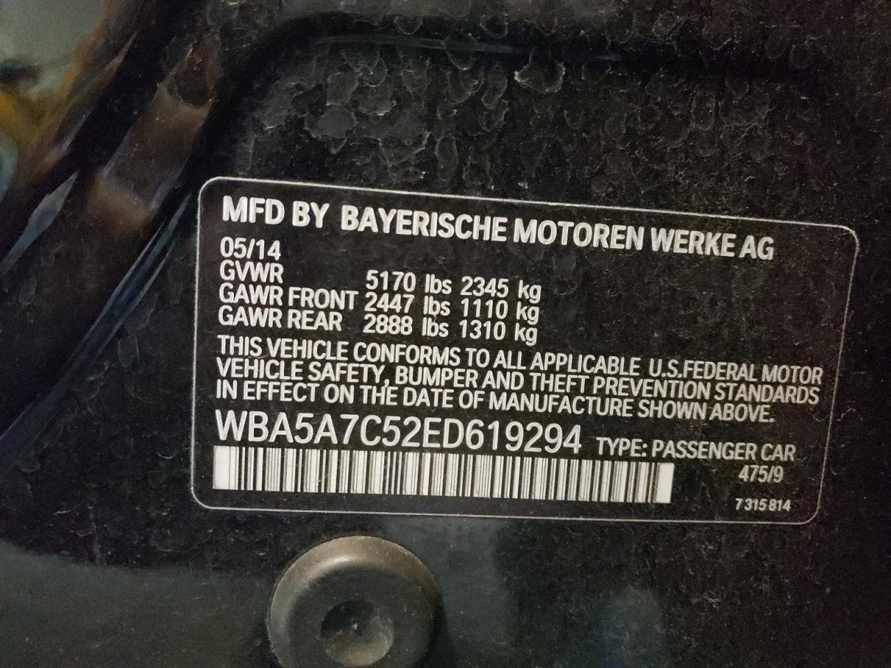 Photo 10 from auction – 2014 BMW 528 XI with VIN WBA5A7C52ED619294