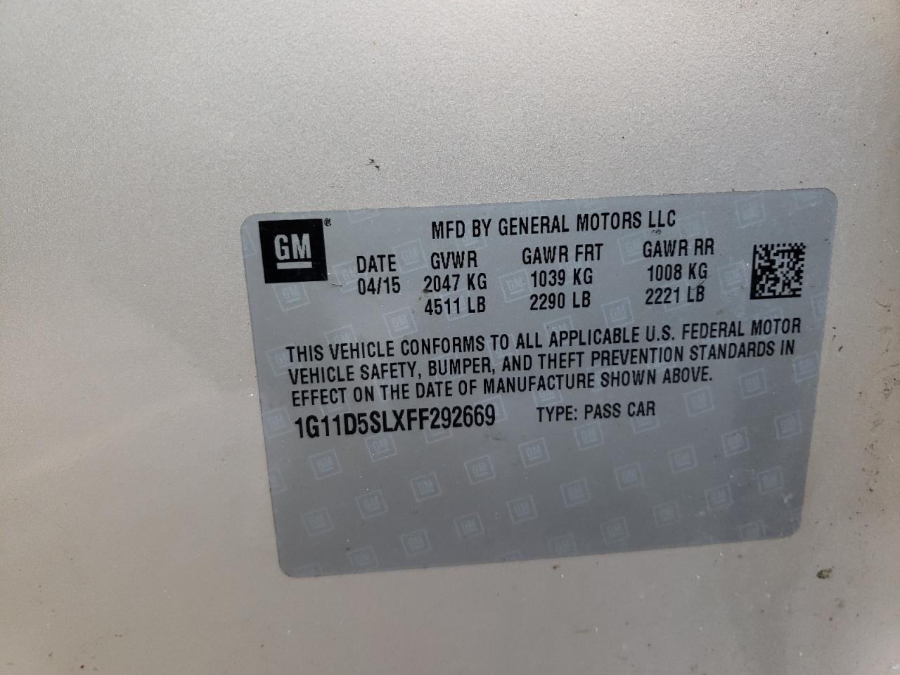 Photo 10 from auction – 2015 CHEVROLET MALIBU 2LT with VIN 1G11D5SLXFF292669