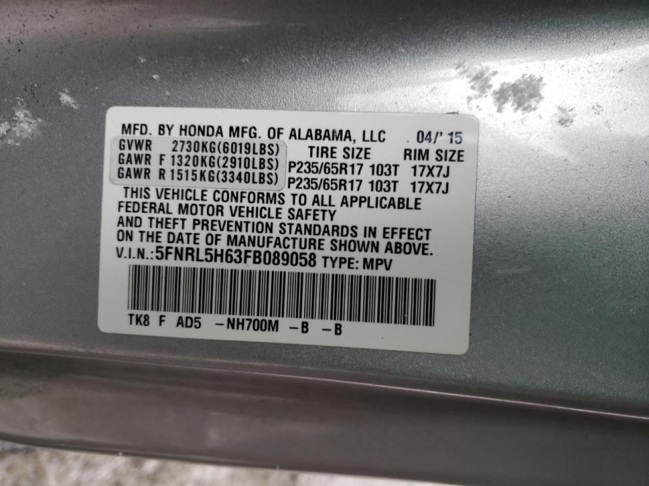 Photo 10 from auction – 2015 HONDA ODYSSEY EX with VIN 5FNRL5H63FB089058