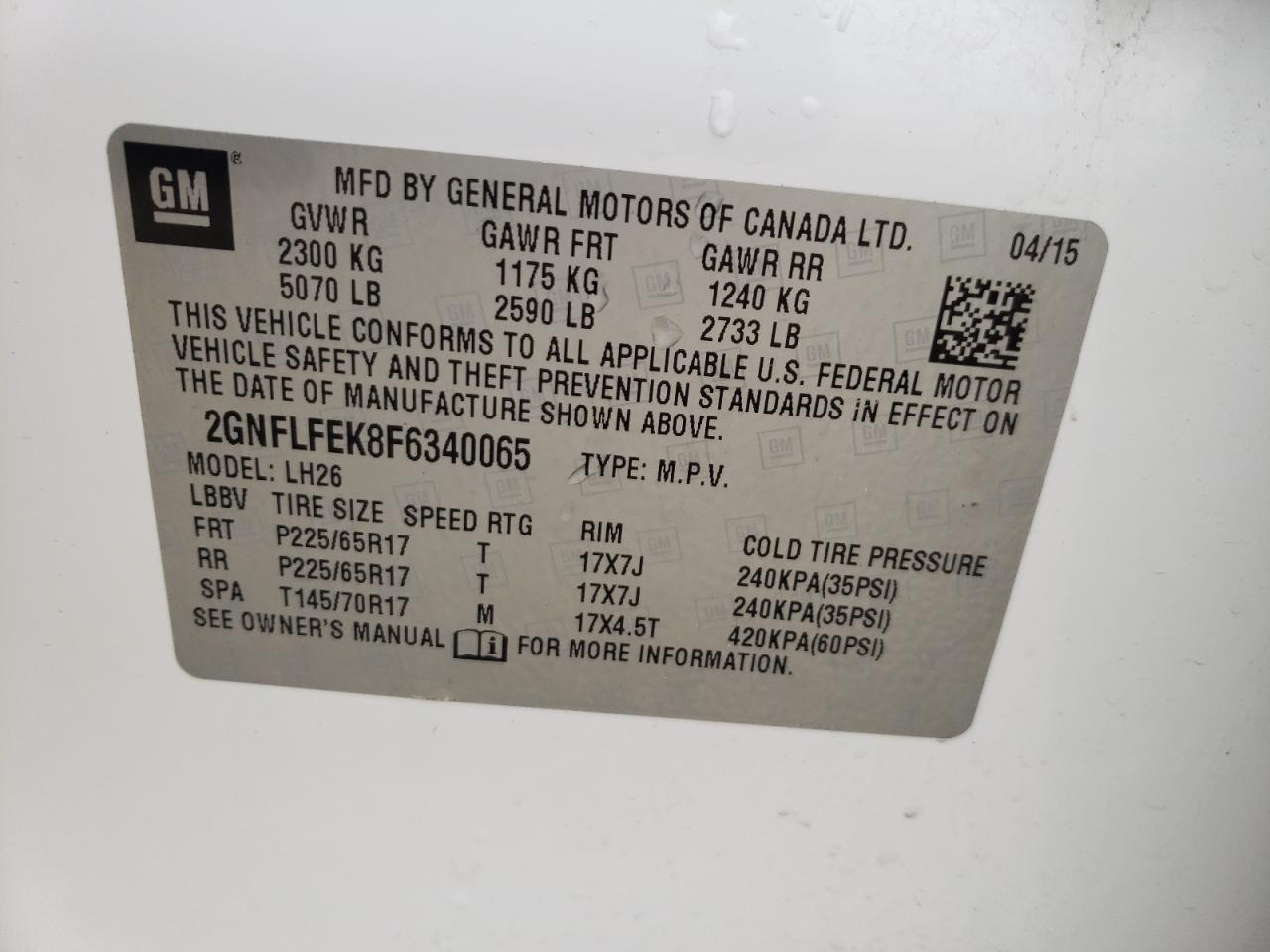 Photo 10 from auction – 2015 CHEVROLET EQUINOX LT with VIN 2GNFLFEK8F6340065