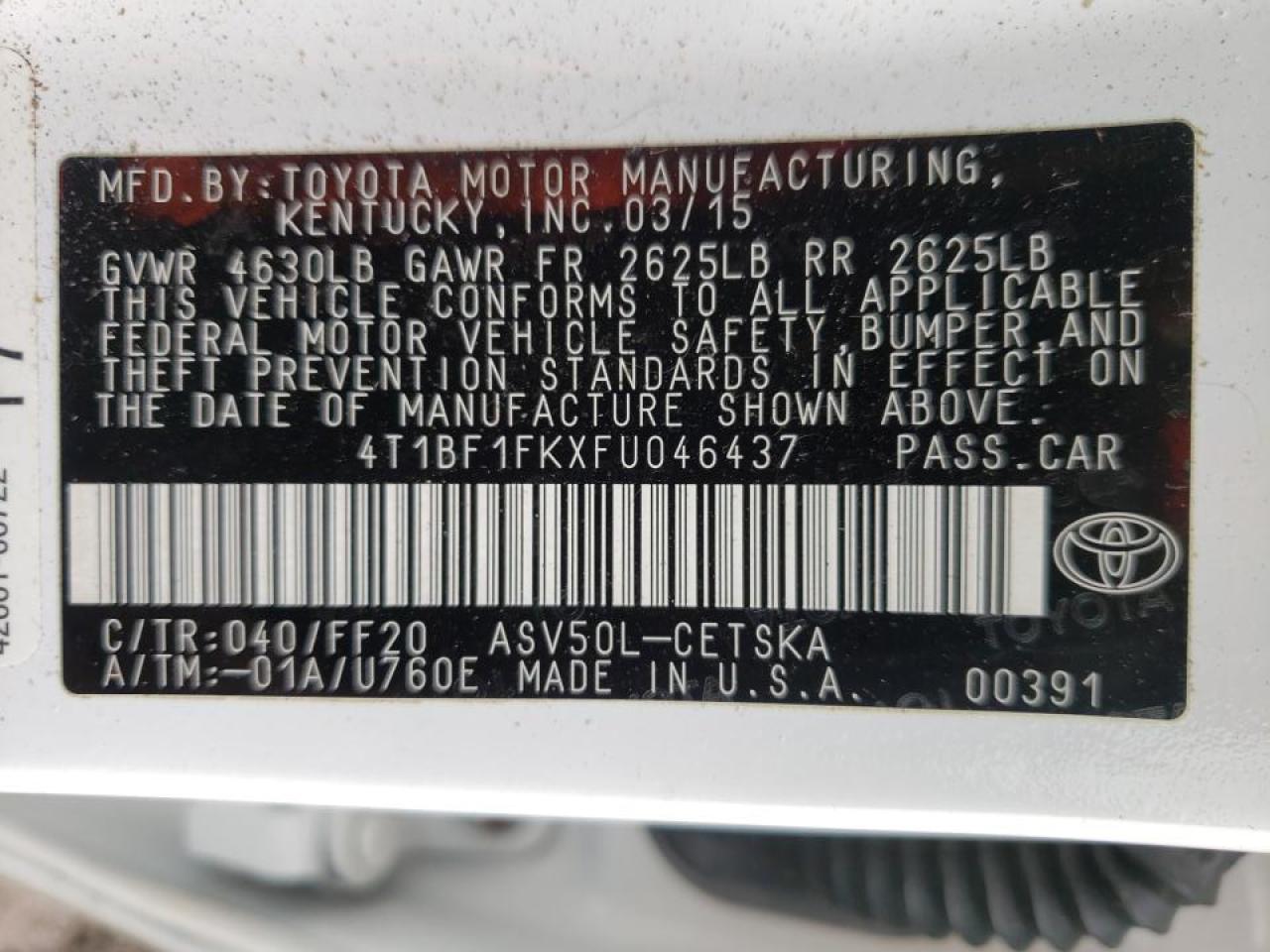 Photo 10 from auction – 2015 TOYOTA CAMRY LE with VIN 4T1BF1FKXFU046437