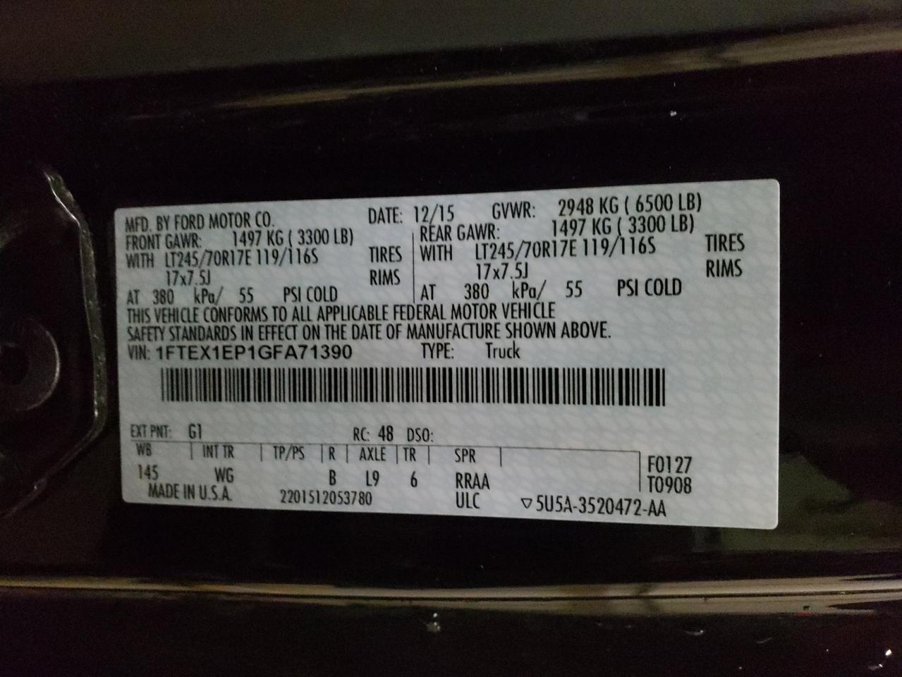 Photo 10 from auction – 2016 FORD F150 SUPER with VIN 1FTEX1EP1GFA71390