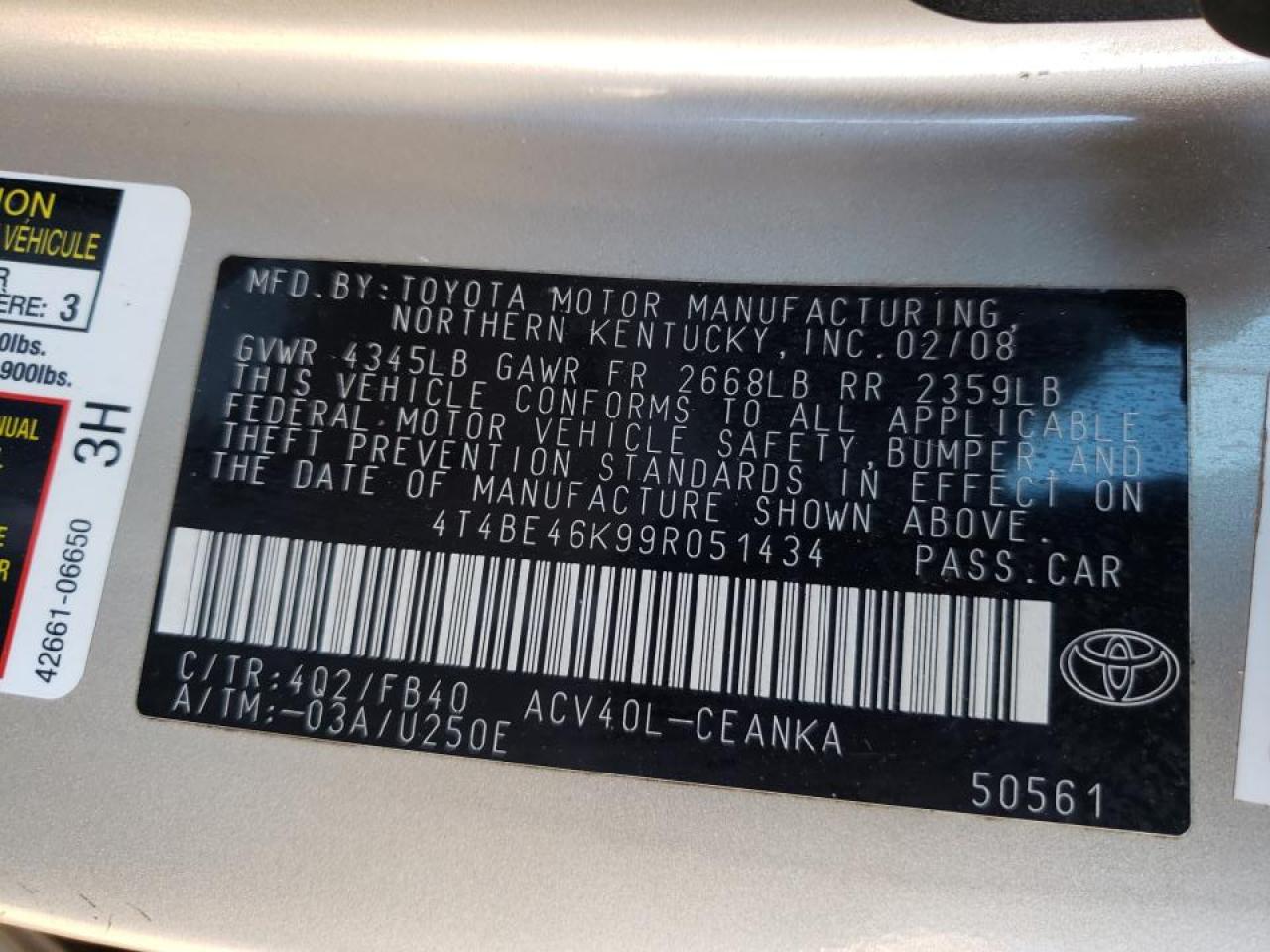 Photo 10 from auction – 2009 TOYOTA CAMRY BASE with VIN 4T4BE46K99R051434