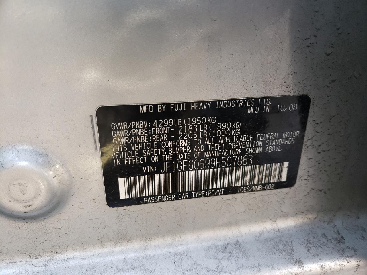 Photo 10 from auction – 2009 SUBARU IMPREZA 2. with VIN JF1GE60699H507863
