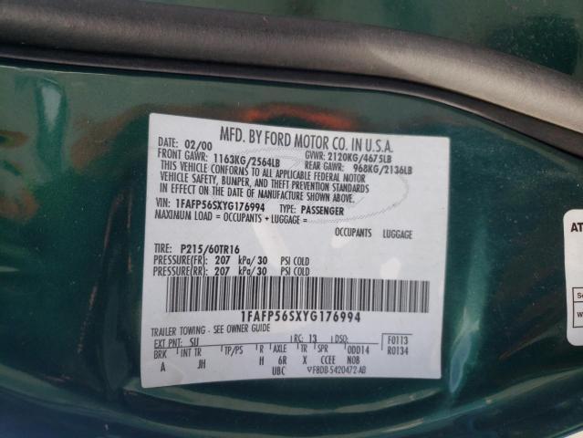 Photo 10 from auction – 2000 FORD TAURUS SEL with VIN 1FAFP56SXYG176994