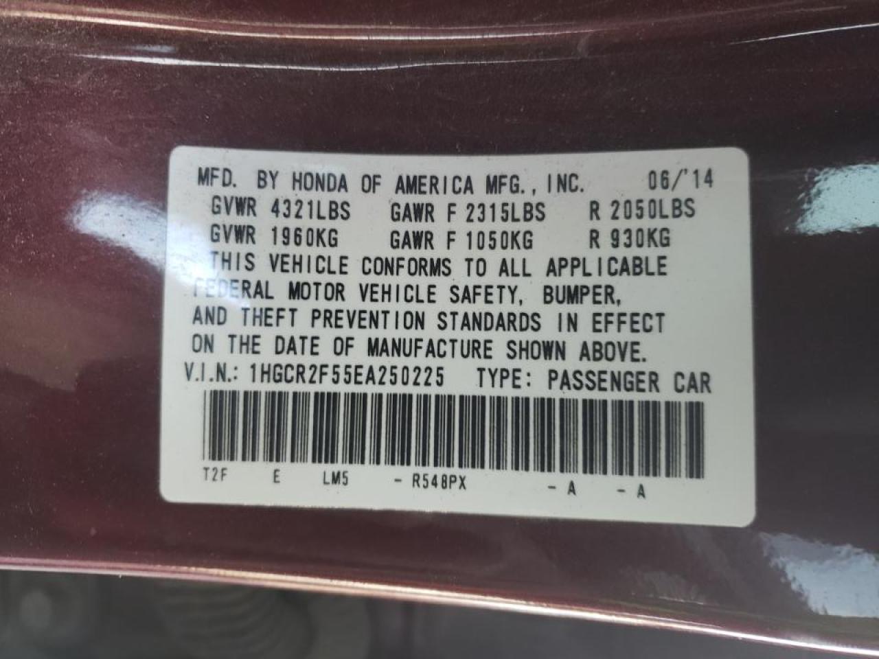Photo 10 from auction – 2014 HONDA ACCORD SPO with VIN 1HGCR2F55EA250225