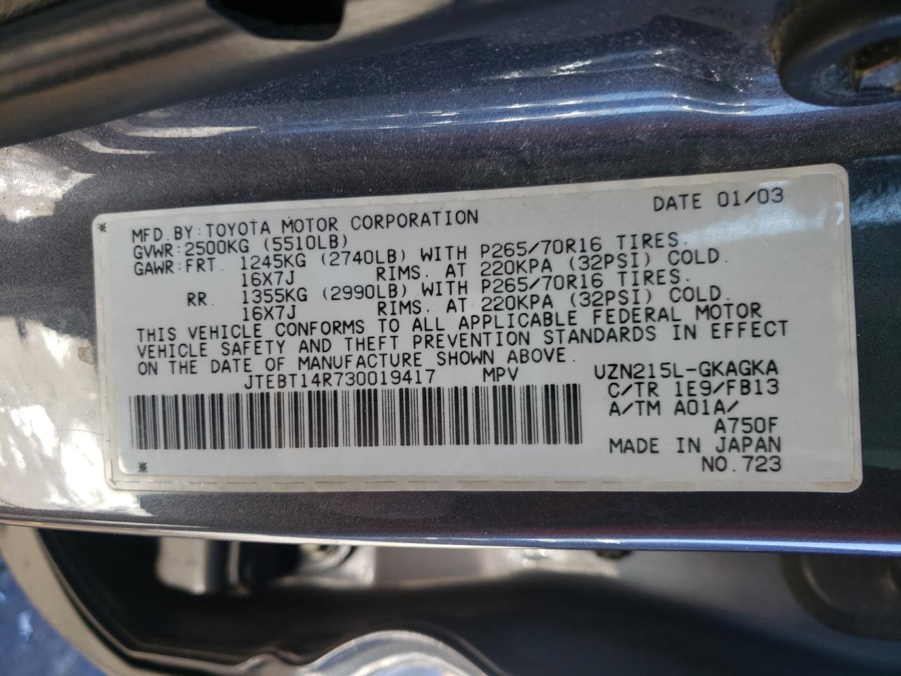 Photo 10 from auction – 2003 TOYOTA 4RUNNER SR with VIN JTEBT14R730019417