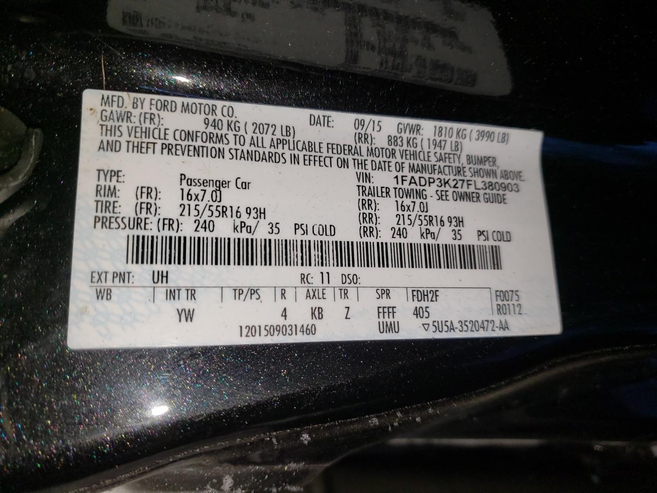 Photo 10 from auction – 2015 FORD FOCUS SE with VIN 1FADP3K27FL380903