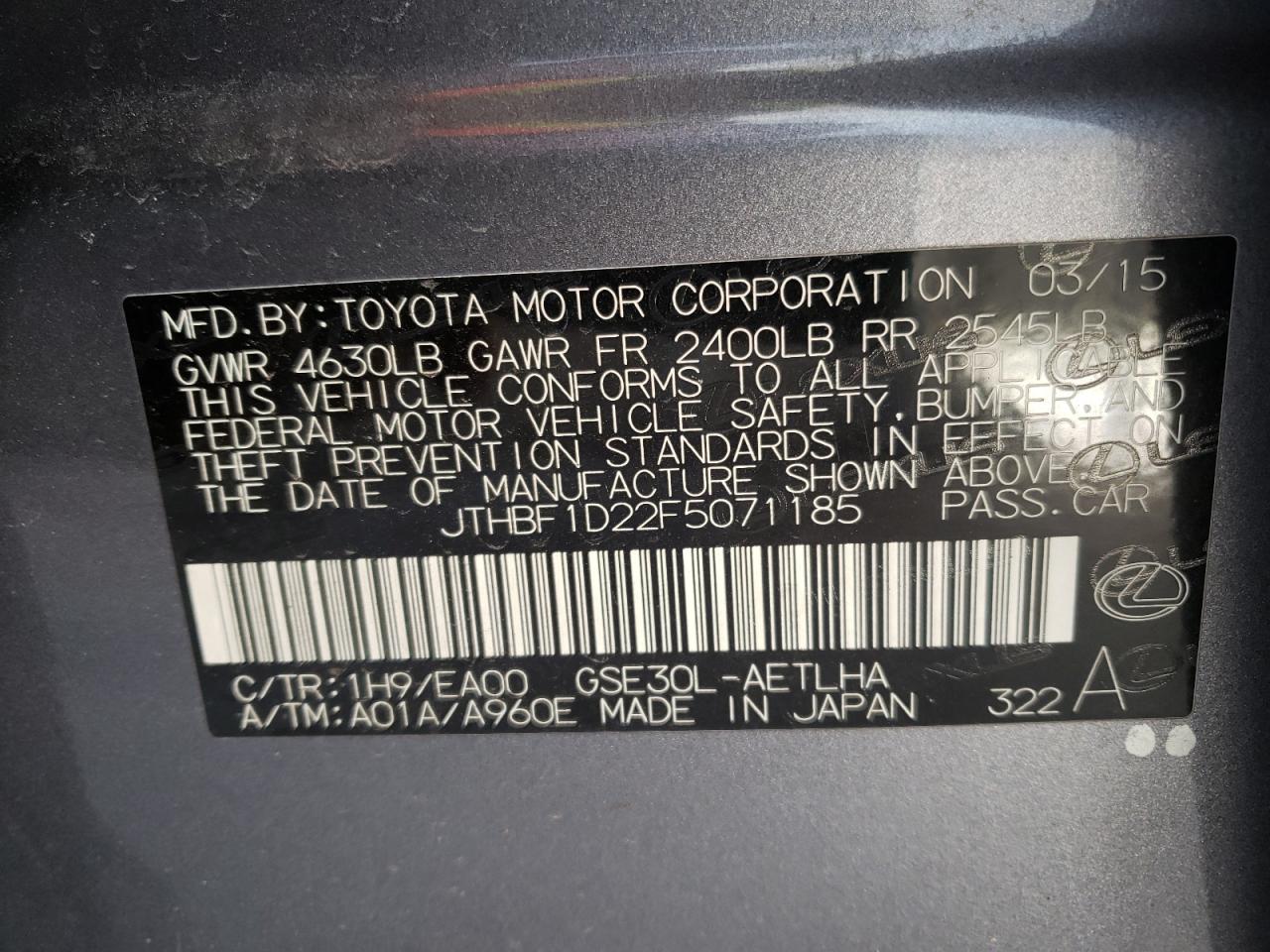 Photo 10 from auction – 2015 LEXUS IS 250 with VIN JTHBF1D22F5071185