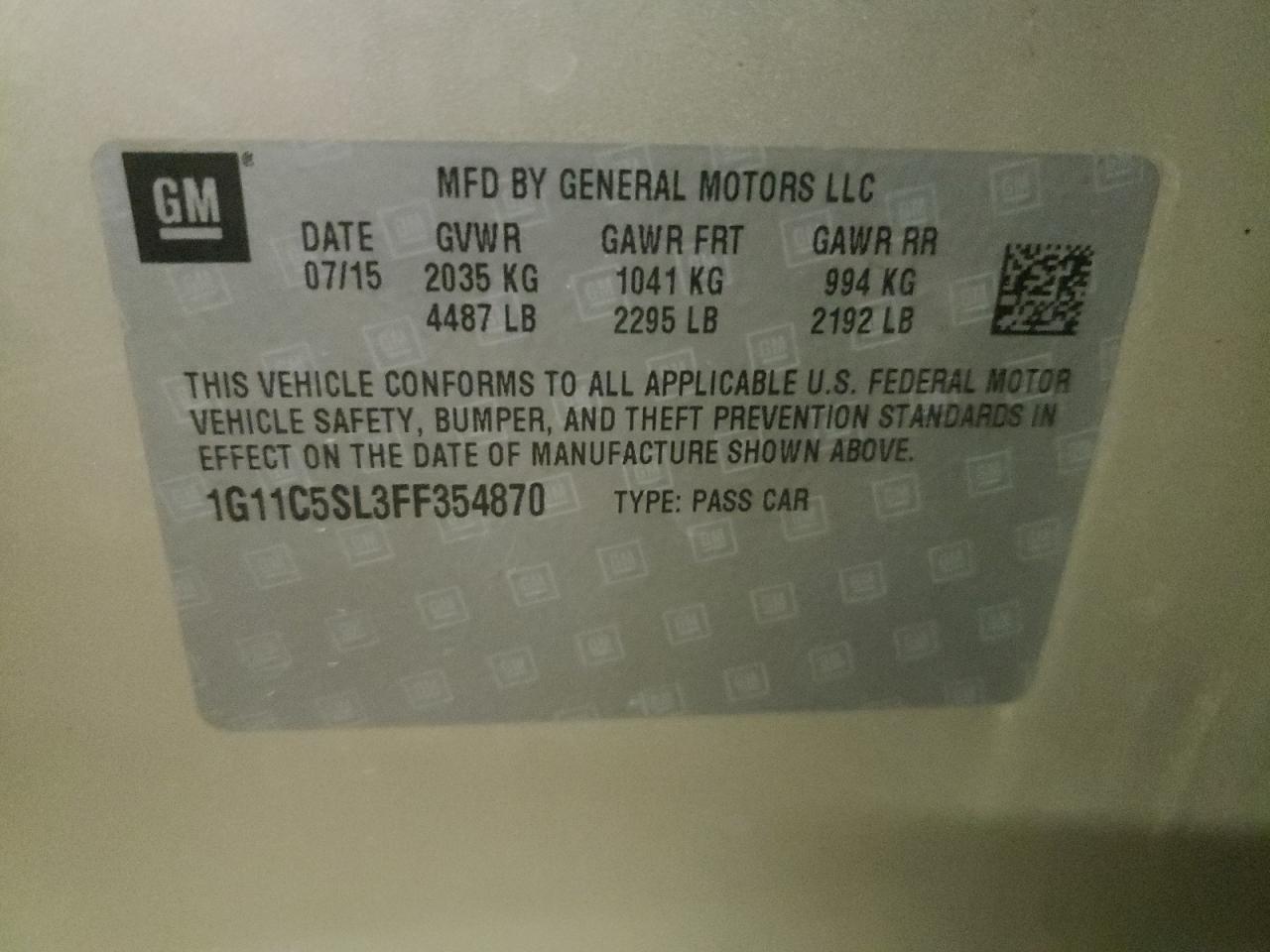 Photo 10 from auction – 2015 CHEVROLET MALIBU 1LT with VIN 1G11C5SL3FF354870