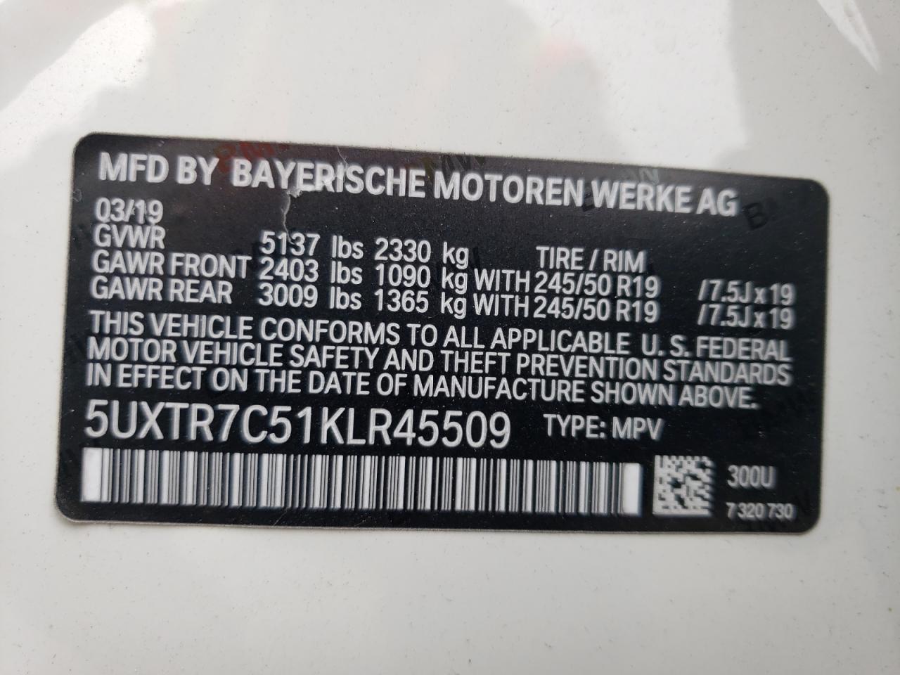 Photo 10 from auction – 2019 BMW X3 SDRIVE3 with VIN 5UXTR7C51KLR45509
