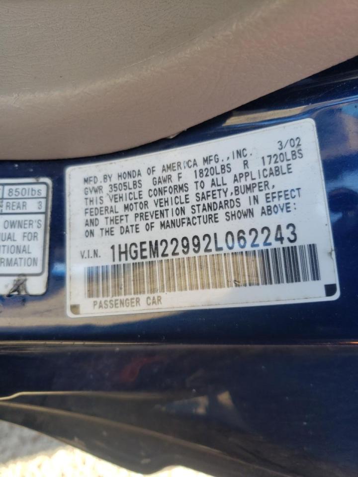 Photo 10 from auction – 2002 HONDA CIVIC EX with VIN 1HGEM22992L062243