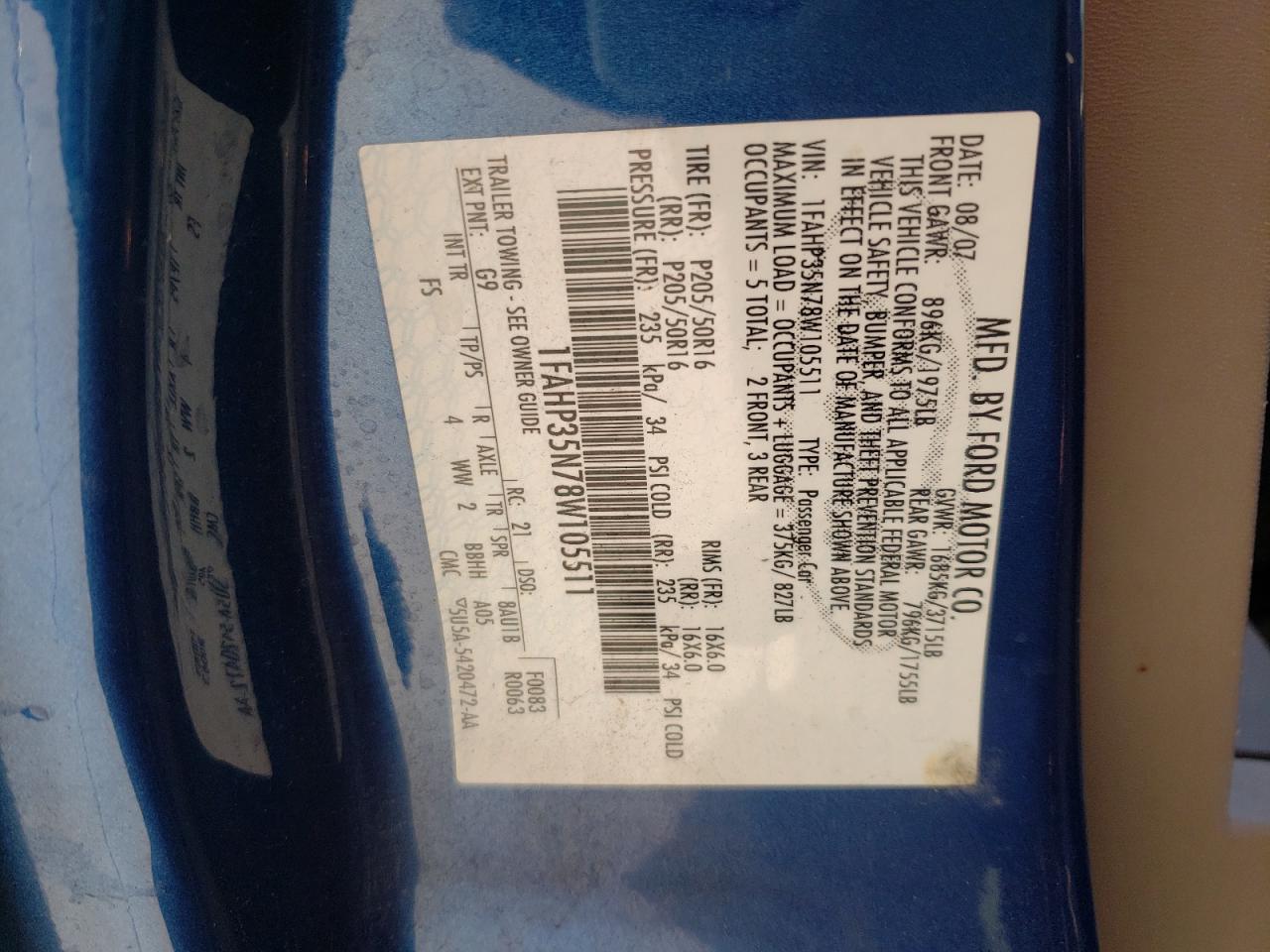 Photo 10 from auction – 2008 FORD FOCUS SE with VIN 1FAHP35N78W105511