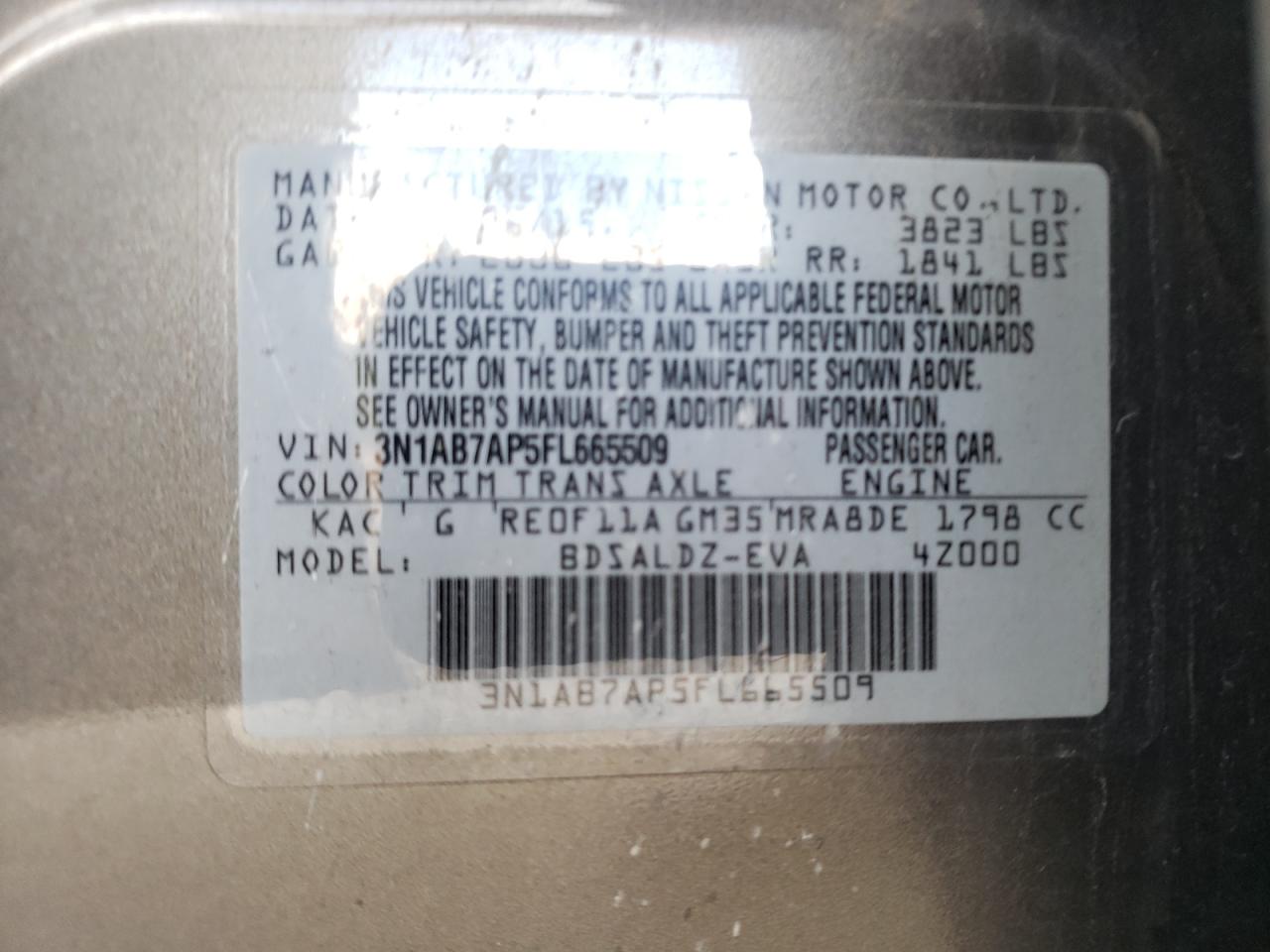 Photo 10 from auction – 2015 NISSAN SENTRA S with VIN 3N1AB7AP5FL665509