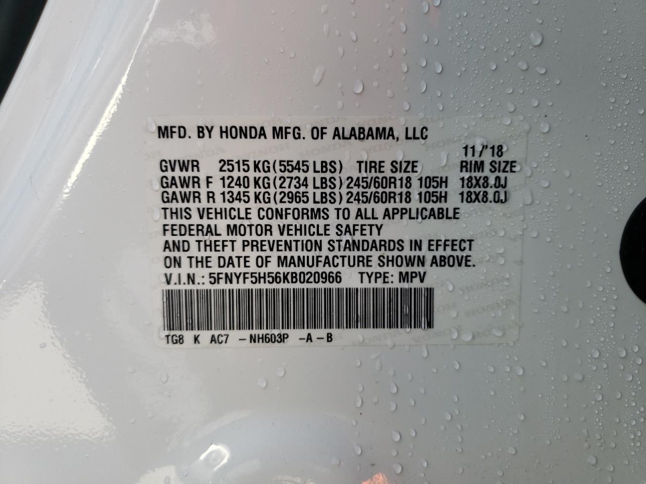 Photo 10 from auction – 2019 HONDA PILOT EXL with VIN 5FNYF5H56KB020966