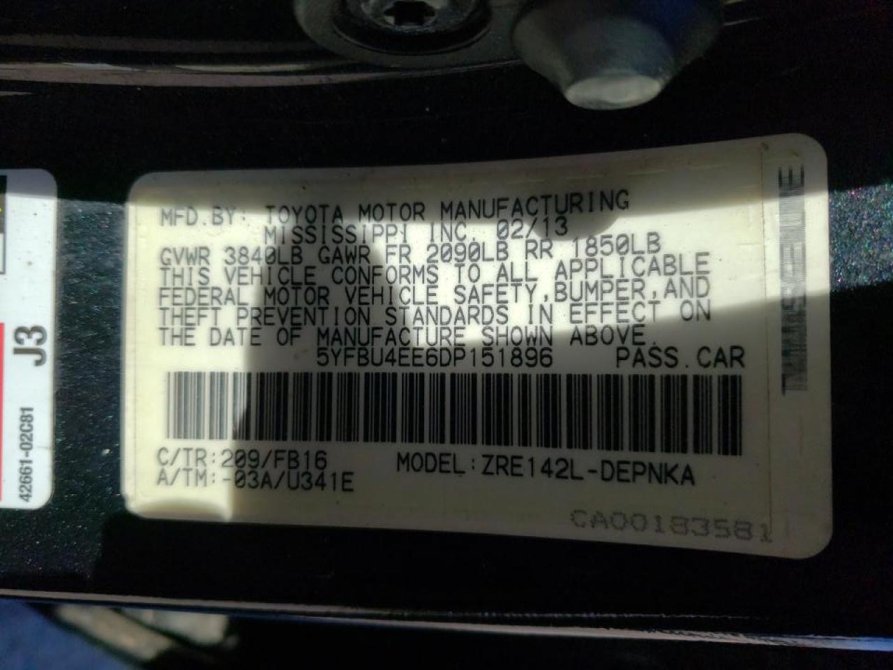 Photo 10 from auction – 2013 TOYOTA COROLLA BA with VIN 5YFBU4EE6DP151896
