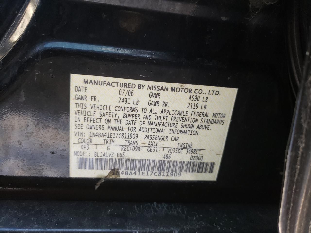 Photo 10 from auction – 2007 NISSAN MAXIMA SE with VIN 1N4BA41E17C811909