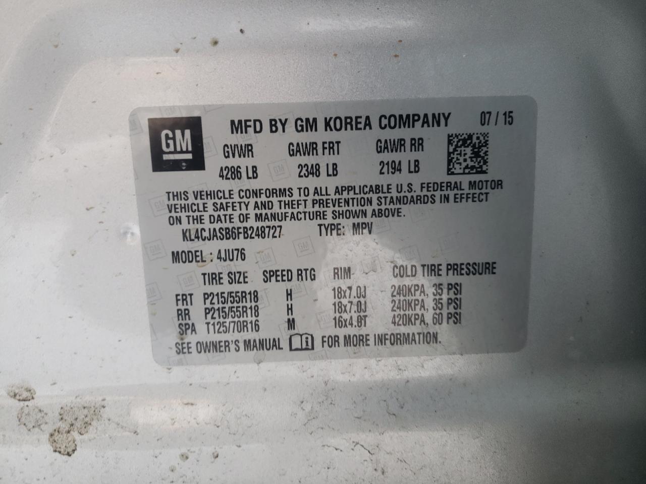 Photo 10 from auction – 2015 BUICK ENCORE with VIN KL4CJASB6FB248727