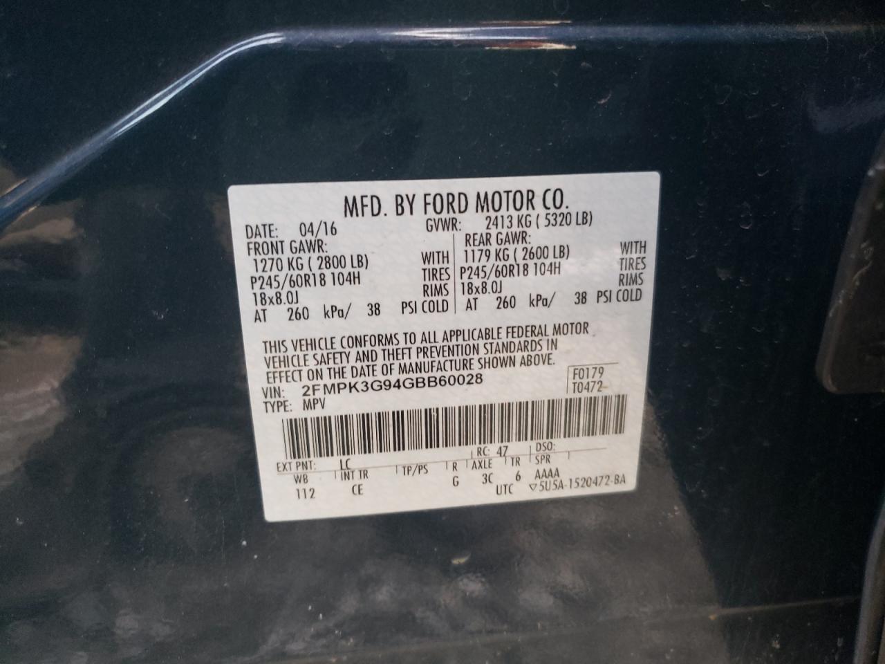 Photo 10 from auction – 2016 FORD EDGE SE with VIN 2FMPK3G94GBB60028