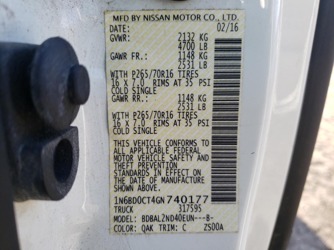 Zdjęcie 10 z aukcji – 2016 NISSAN FRONTIER S z VIN 1N6BD0CT4GN740177