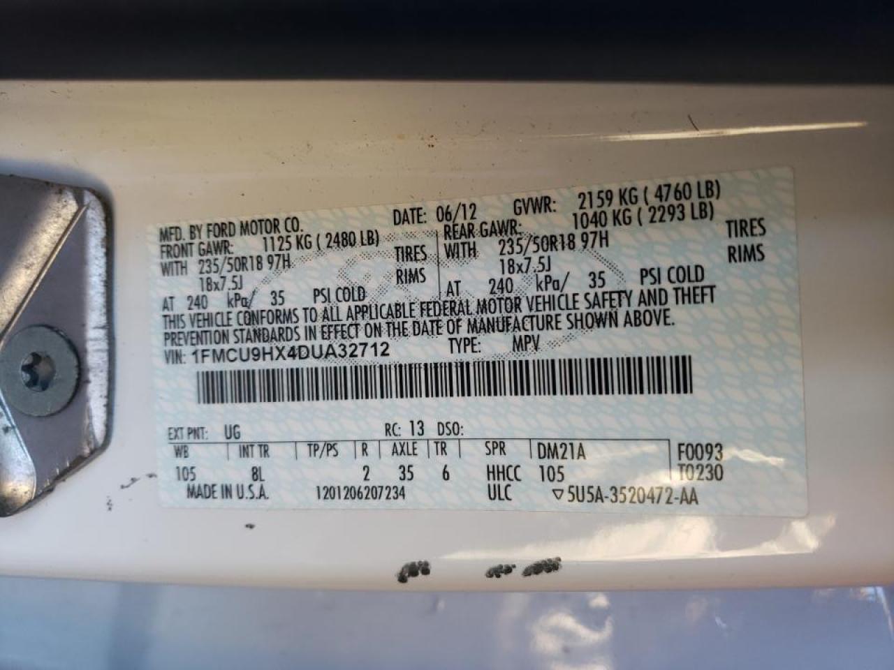 Photo 10 from auction – 2013 FORD ESCAPE SEL with VIN 1FMCU9HX4DUA32712