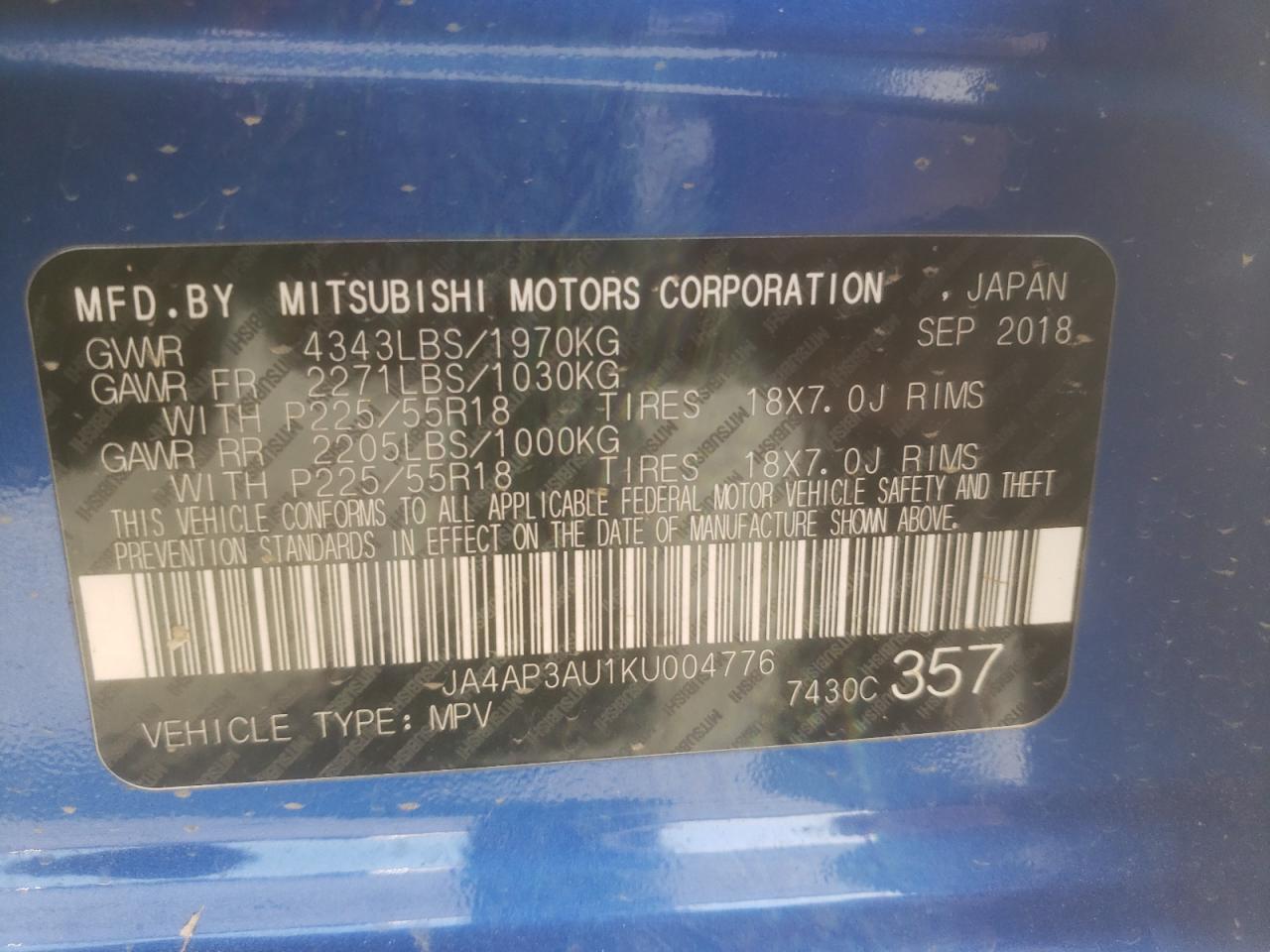 Photo 10 from auction – 2019 MITSUBISHI OUTLANDER with VIN JA4AP3AU1KU004776