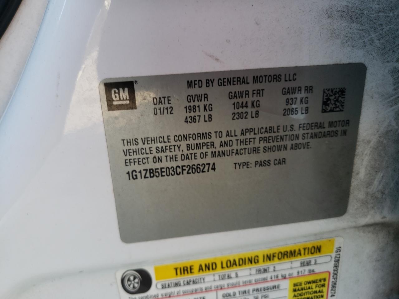 Photo 10 from auction – 2012 CHEVROLET MALIBU LS with VIN 1G1ZB5E03CF266274