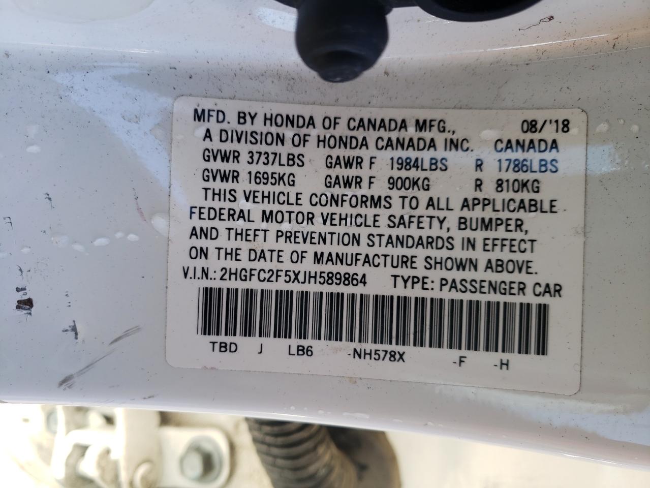 Photo 10 from auction – 2018 HONDA CIVIC LX with VIN 2HGFC2F5XJH589864