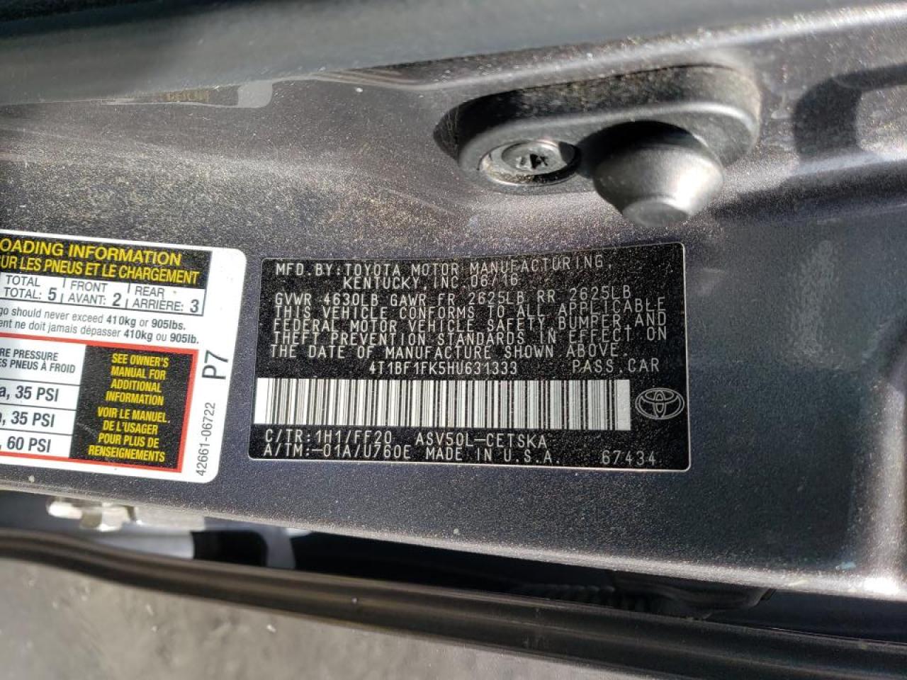 Photo 10 from auction – 2017 TOYOTA CAMARY with VIN 4T1BF1FK5HU631333