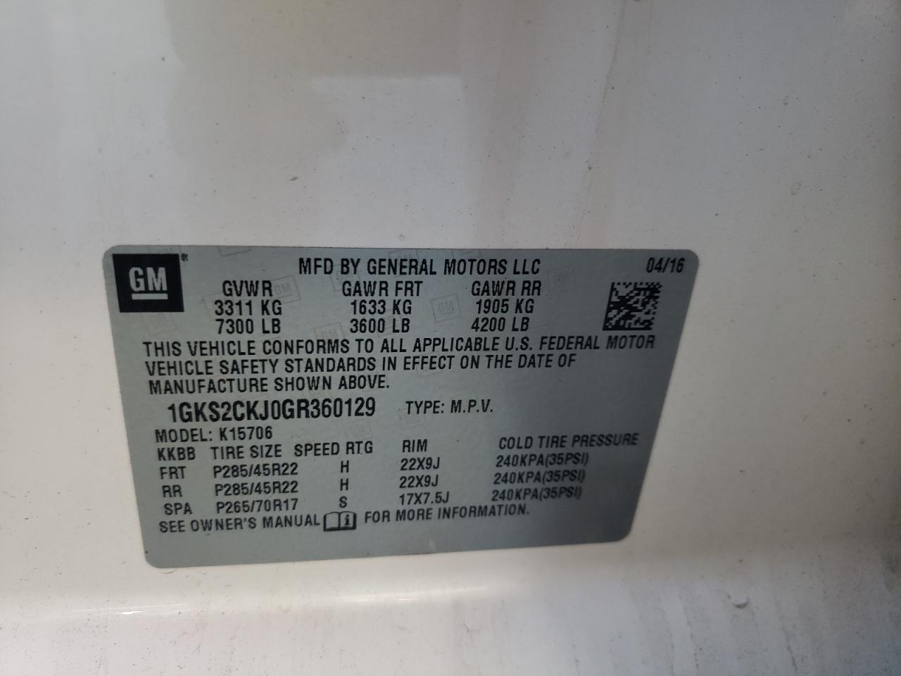 Photo 10 from auction – 2016 GMC YUKON DENA with VIN 1GKS2CKJ0GR360129